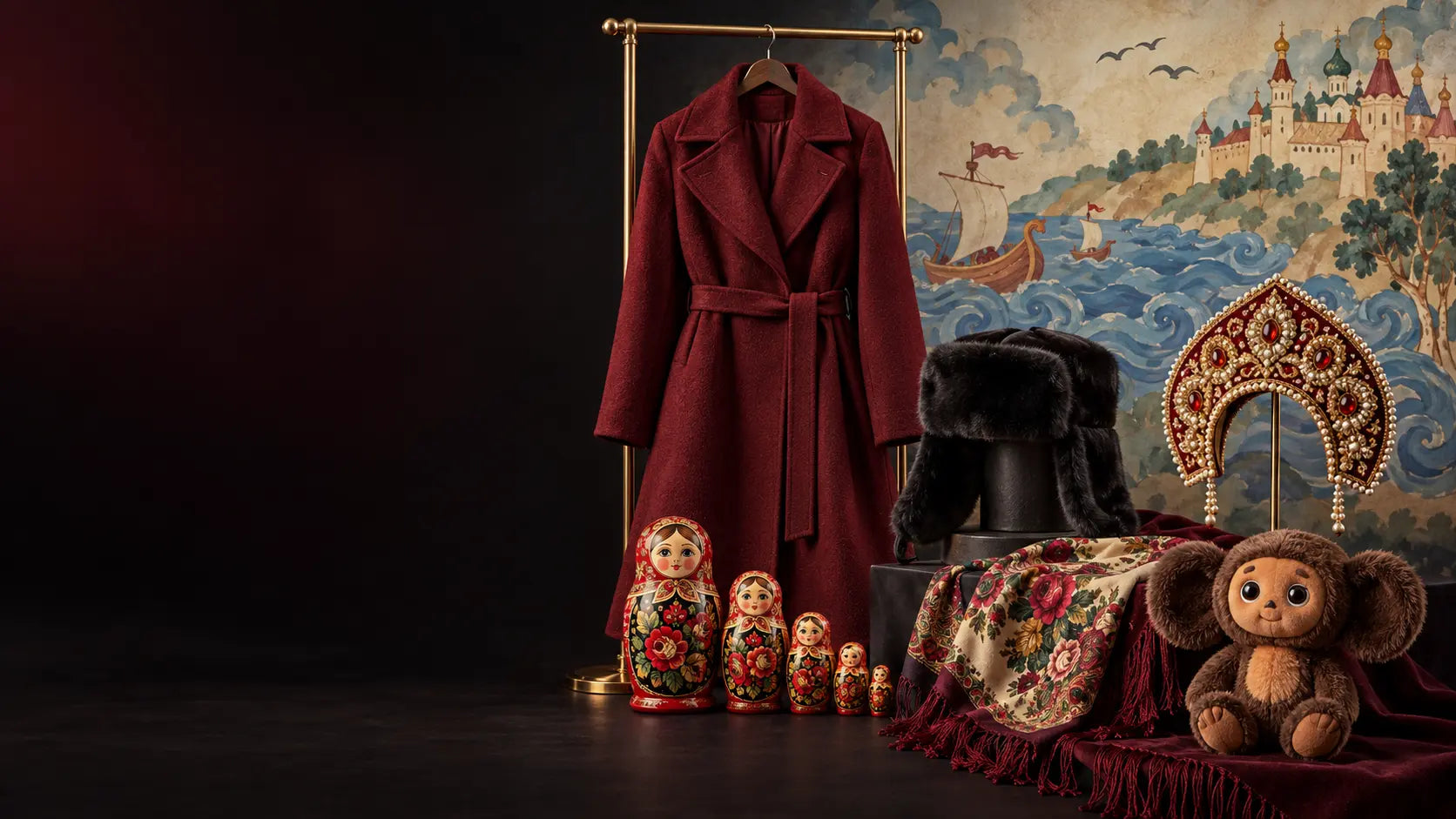 Abrigo ruso, ushanka, kokoshnik, matrioshkas, pañuelo y peluche de Cheburashka